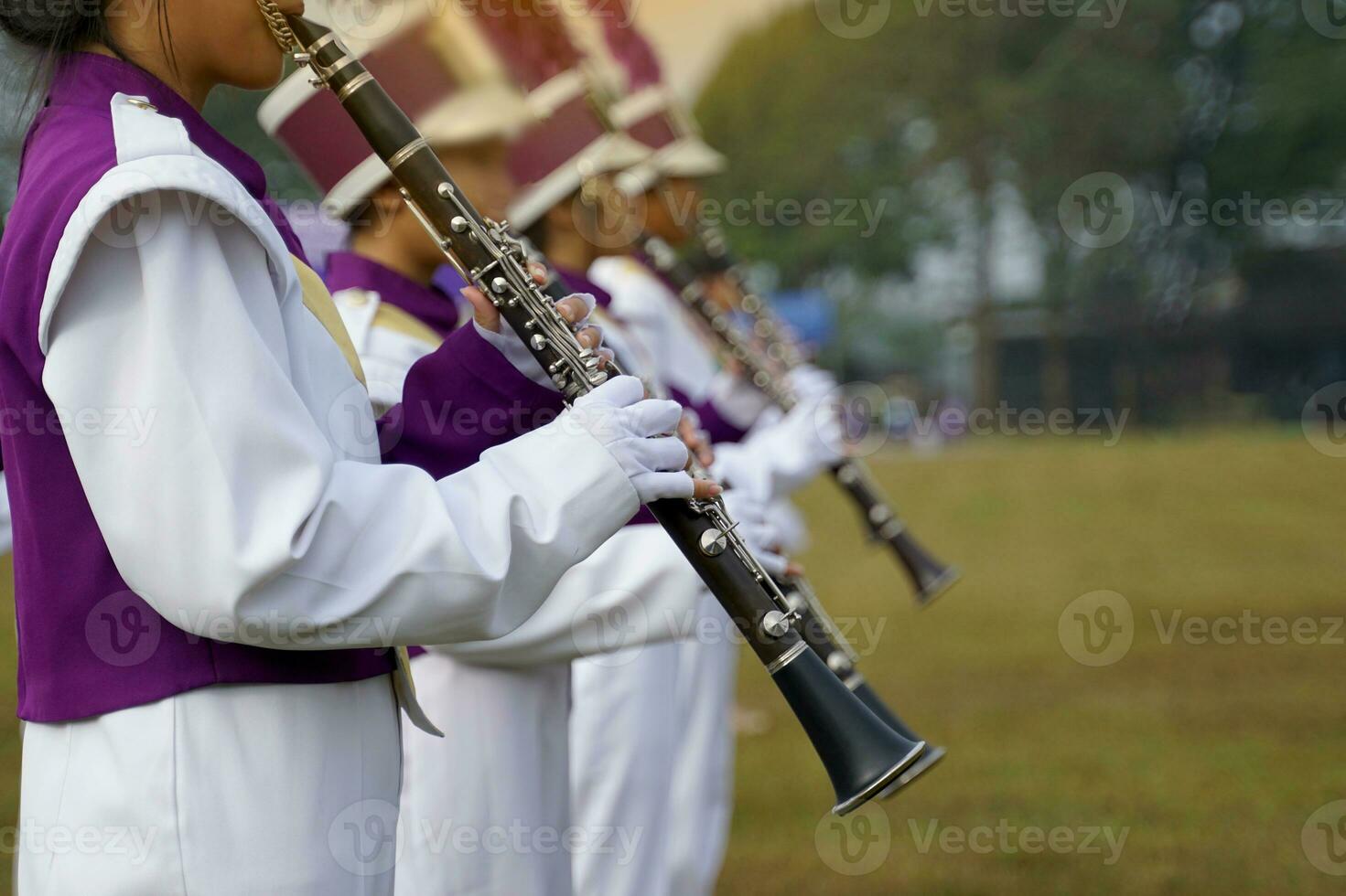 Clarinet players in the high school orchestra in purple and white uniforms play beautifully with other instruments. Soft and selective focus. photo