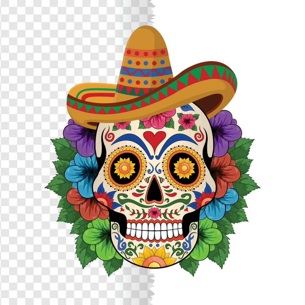 Sugar skull wearing cowboy cap dead skull, isolated on background, mexican skull with flowers design element for logo, emblem, sign, poster, banner vector