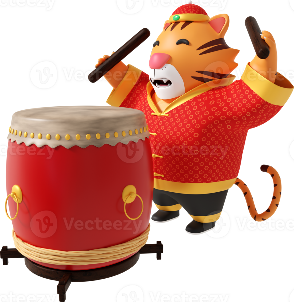 3d render chinese tiger playing drum png
