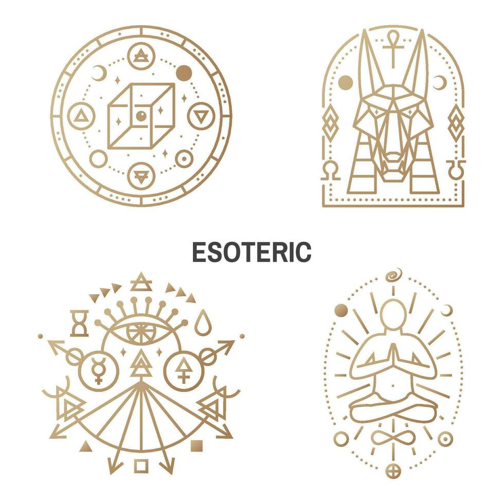 esotérico simbolos Delgado línea geométrico insignia. contorno icono para alquimia, sagrado geometría. místico, magia diseño con química matraz con cuervo pie, egipcio Dios anubis, irreal geométrico cubo vector