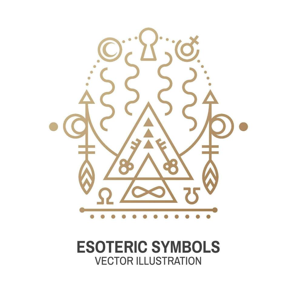 Esoteric symbols. Vector. Thin line geometric badge. Outline icon for alchemy or sacred geometry. Mystic and magic design with Gate to another world. vector