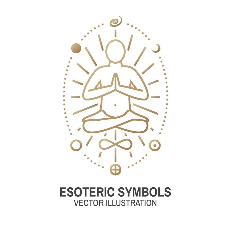 Esoteric symbols. Vector. Thin line geometric badge. Outline icon for alchemy, sacred geometry. Mystic and magic design with bat wing, stars, planets and moon. vector