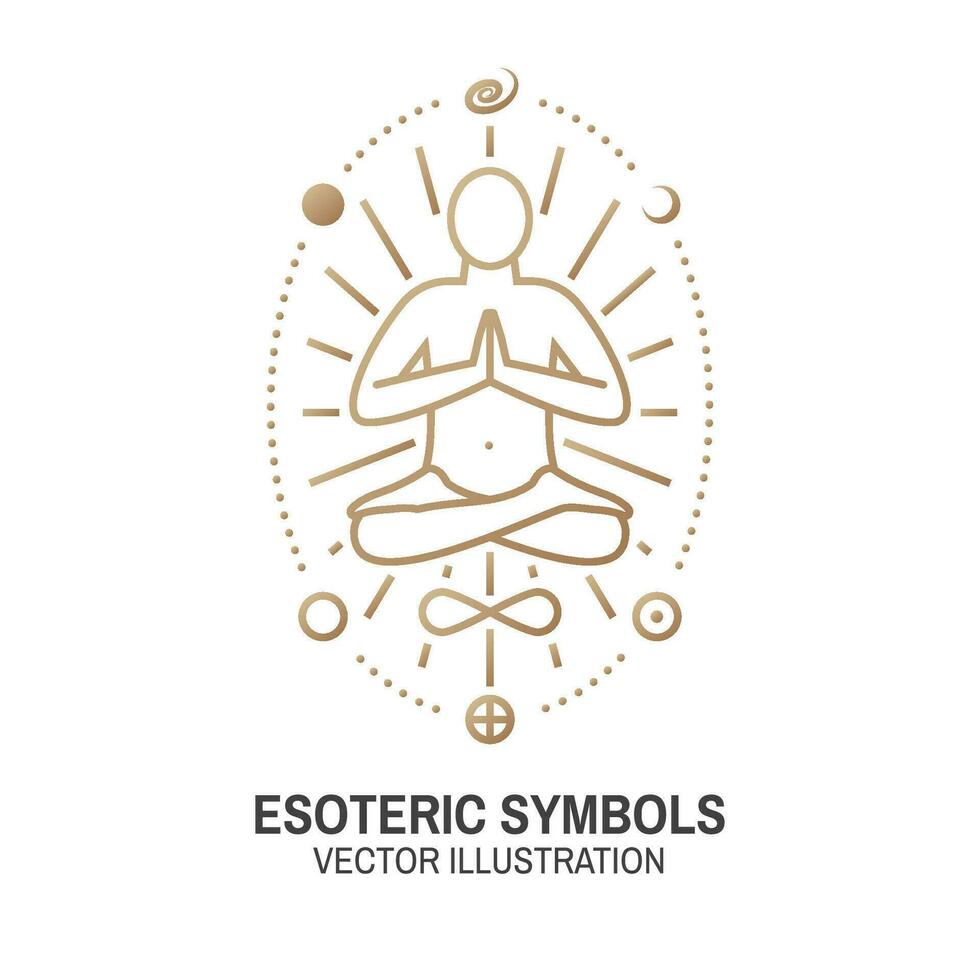 esotérico simbolos vector. Delgado línea geométrico insignia. contorno icono para alquimia, sagrado geometría. místico y magia diseño con murciélago ala, estrellas, planetas y Luna. vector