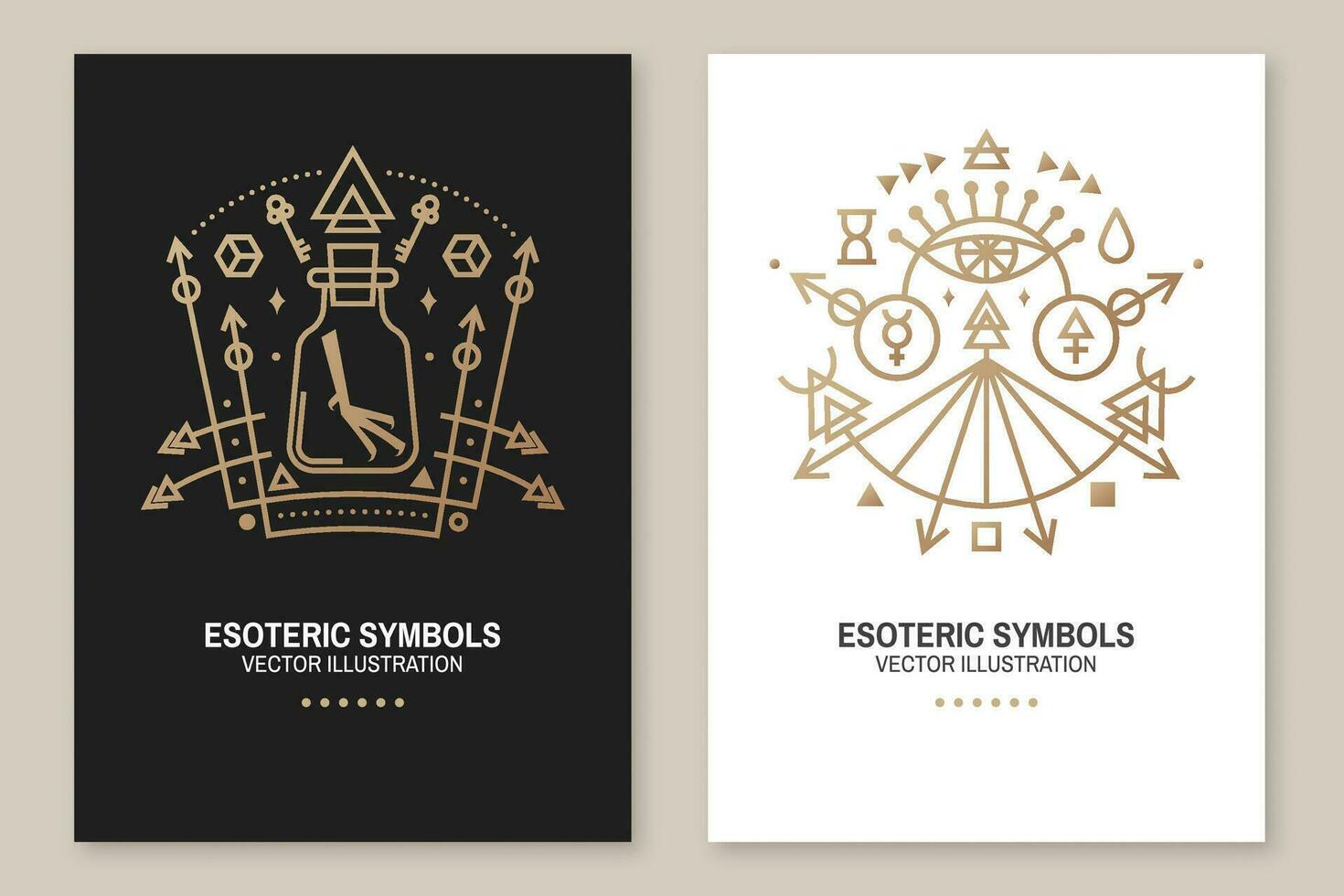 Esoteric symbols poster, flyer. Vector. Thin line geometric badge. Outline icon for alchemy, sacred geometry. Mystic, magic design with chemistry flask with crow foot, sun, allseeing eye vector