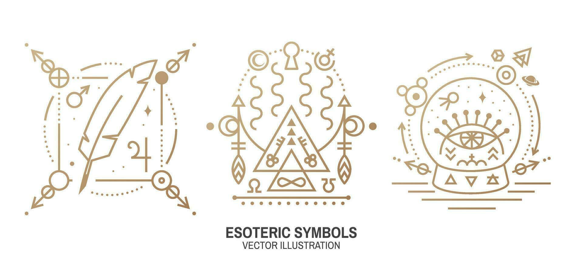 Esoteric symbols. Vector. Thin line geometric badge. Outline icon for alchemy or sacred geometry. Mystic and magic design with feather, stars, planets, moon, glass ball and all-seeing eye vector