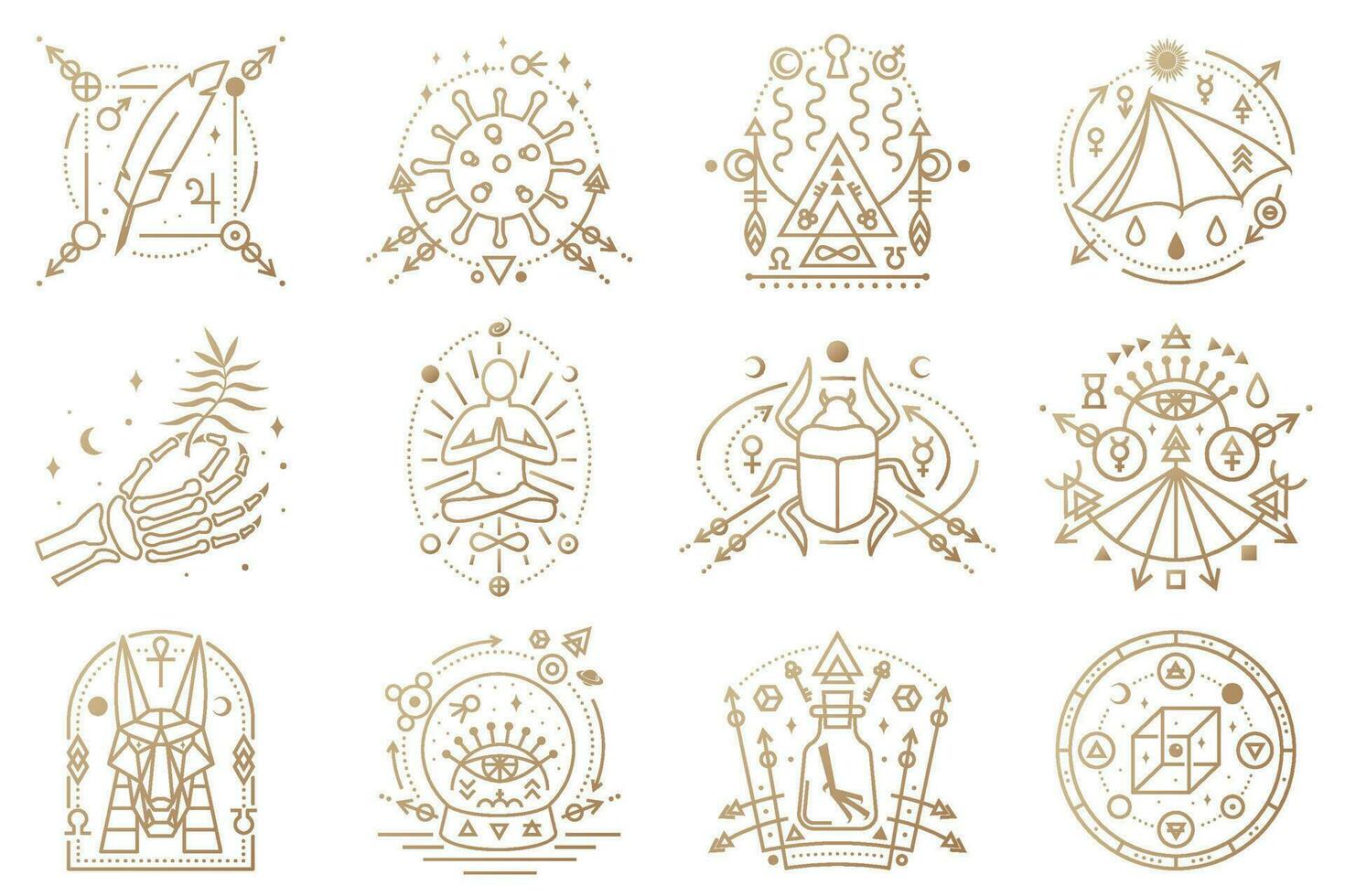 Esoteric symbols. Vector illustration. Outline icon for alchemy, sacred geometry. Mystic, magic design with man in yoga lotus pose, bat wing, chemistry flask, skull, gate, scarab beetle