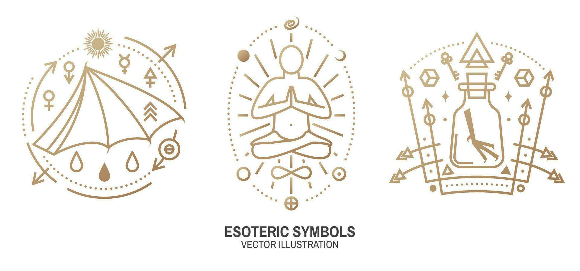 esotérico simbolos Delgado línea geométrico insignia. contorno icono para alquimia, sagrado geometría. místico, magia diseño con hombre silueta sentado en yoga loto pose, murciélago ala, química matraz vector