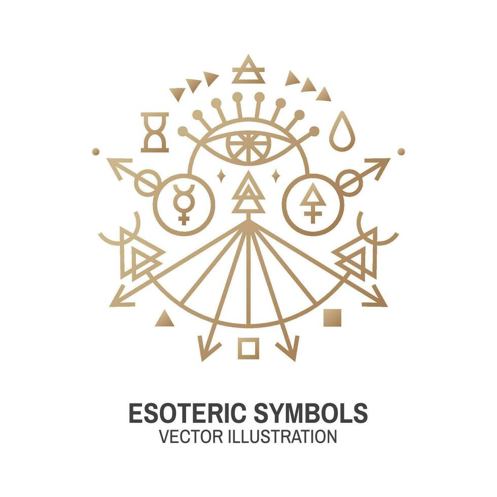 Esoteric symbols. Vector. Thin line geometric badge. Outline icon for alchemy or sacred geometry. Mystic and magic design with all-seeing eye. vector