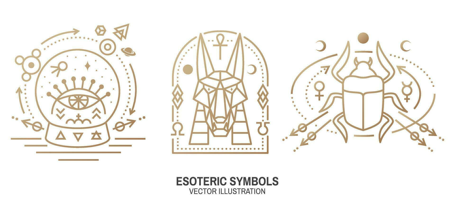 Esoteric symbols. Vector. Thin line geometric badge. Outline icon for alchemy, sacred geometry. Mystic, magic design with scarab beetle, egyptian god Anubis, moon, sun, glass ball, all-seeing eye vector