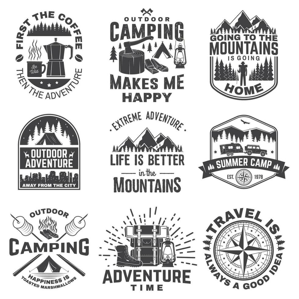 Set of outdoor adventure quotes symbol. Vector illustration. Concept for shirt or logo, print, stamp, tee. Vintage design with marshmallow, axe, mountains, deer, tent, compass and forest silhouette