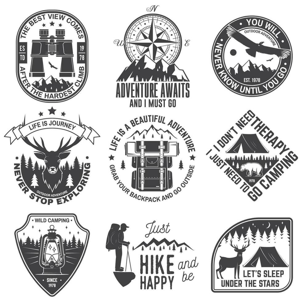Set of outdoor adventure quotes symbol. Concept for shirt or logo, print, stamp or tee. Vintage design with backpack, binoculars, mountains, bear, deer, tent, lantern and forest silhouette vector