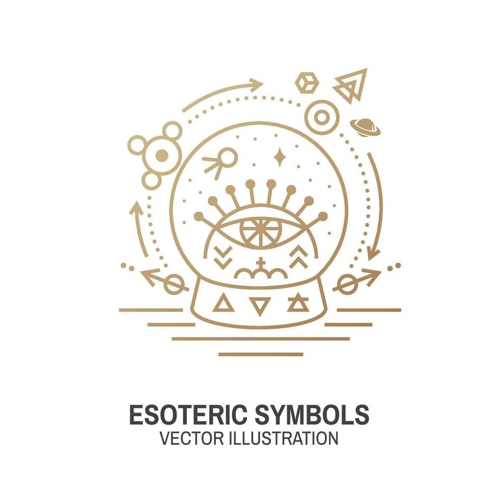 Esoteric symbols. Vector. Thin line geometric badge. Outline icon for alchemy or sacred geometry. Mystic and magic design with glass ball and all-seeing eye. vector