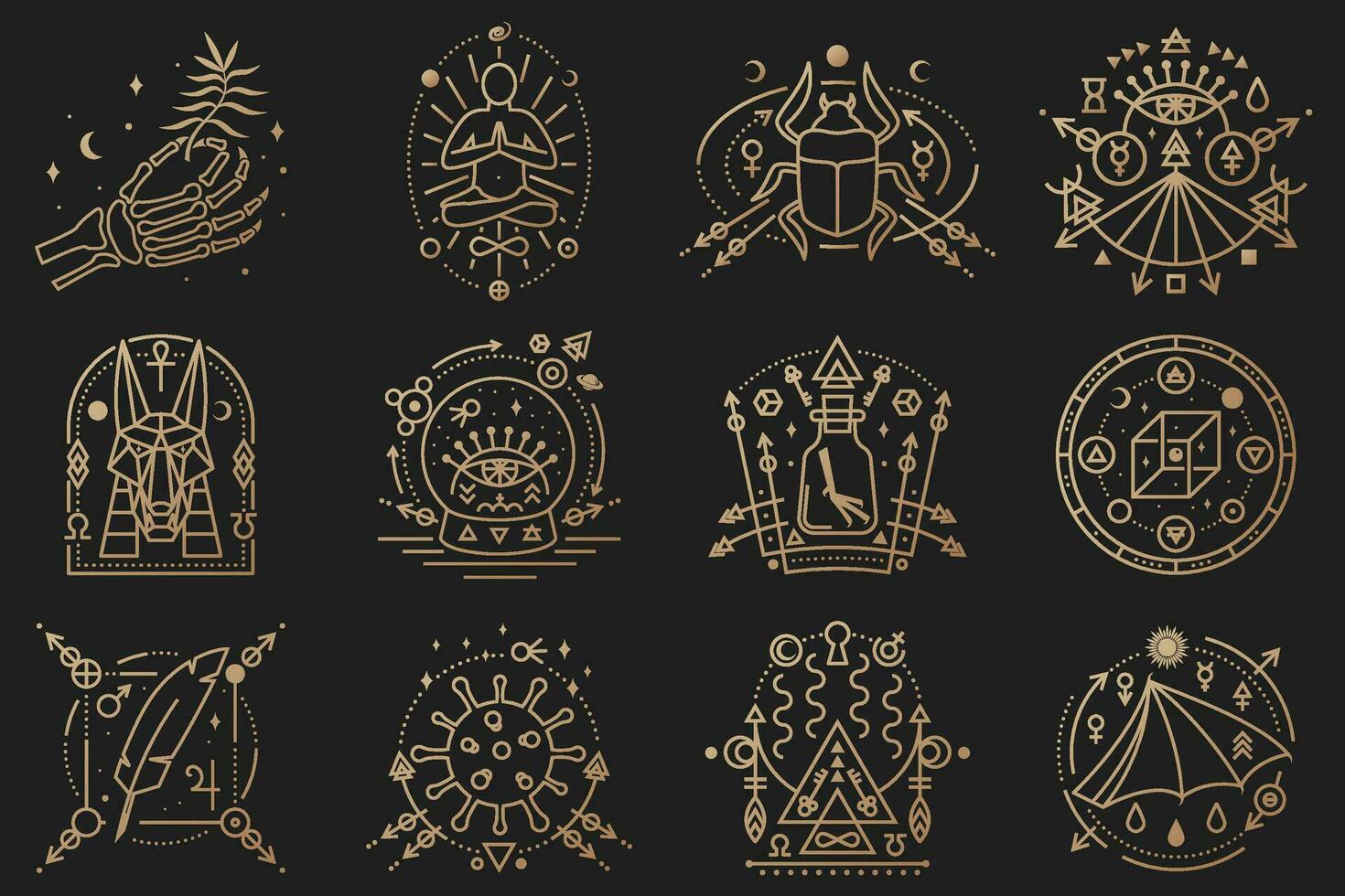 Esoteric symbols. Vector illustration. Outline icon for alchemy, sacred geometry. Mystic, magic design with man in yoga lotus pose, bat wing, chemistry flask, skull, gate, scarab beetle