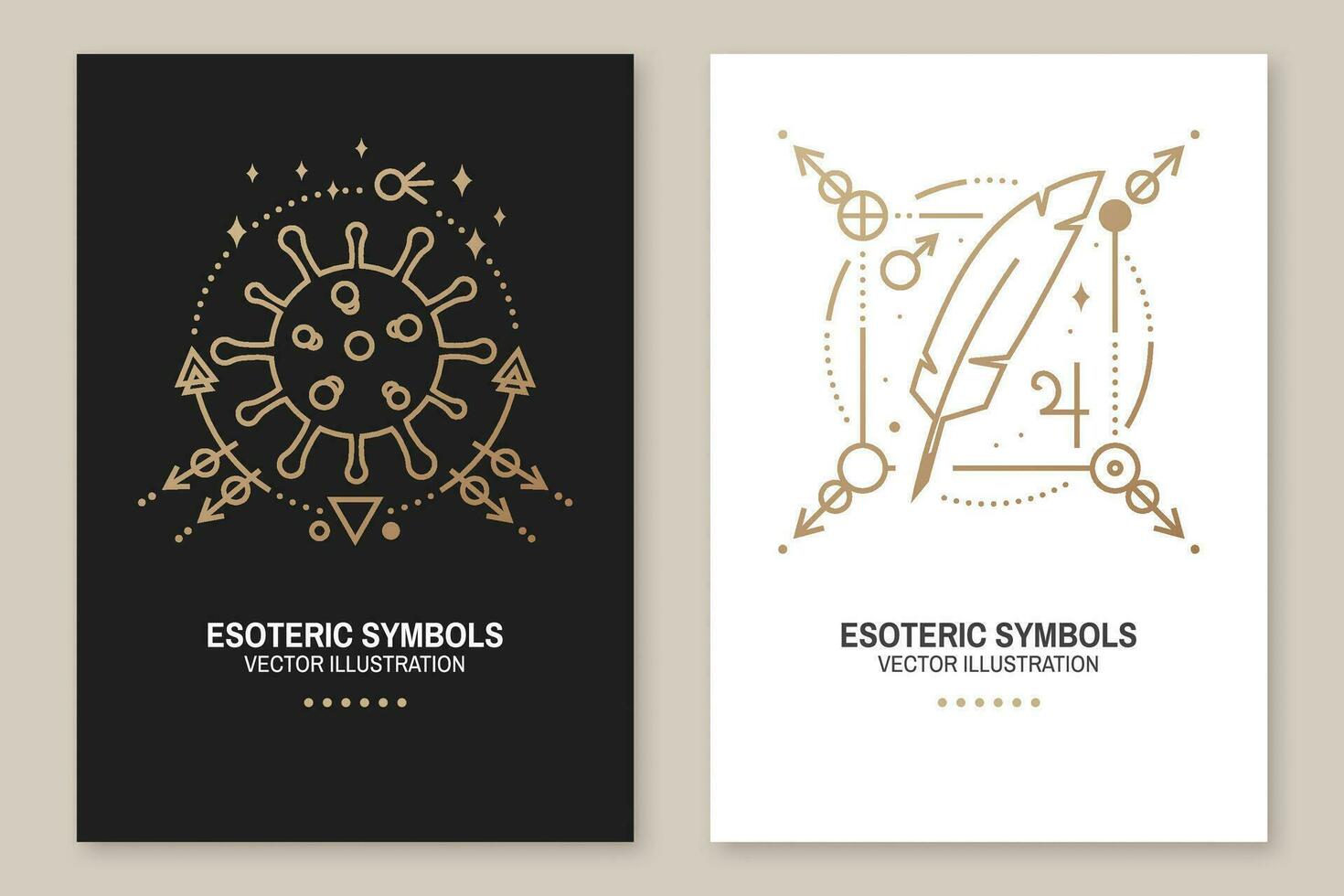 Esoteric symbols poster, flyer. Vector. Thin line geometric badge. Outline icon for alchemy, sacred geometry. Mystic, magic design with bacteria, coronavirus, feather, stars, planets vector