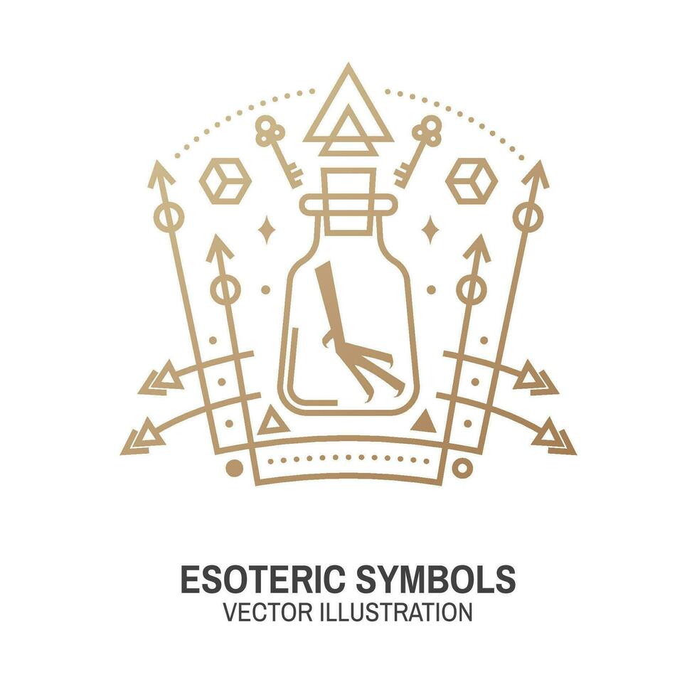 Esoteric symbols. Vector. Thin line geometric badge. Outline icon for alchemy or sacred geometry. Mystic and magic sacred geometry tattoo design with unreal geometrical cube, moon, sun vector