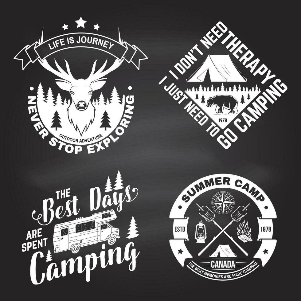Set of outdoor adventure inspirational quote. Vector. Concept for shirt, logo, print, stamp or tee. Vintage typography design with camper tent, mountain, forest landscape silhouette. vector