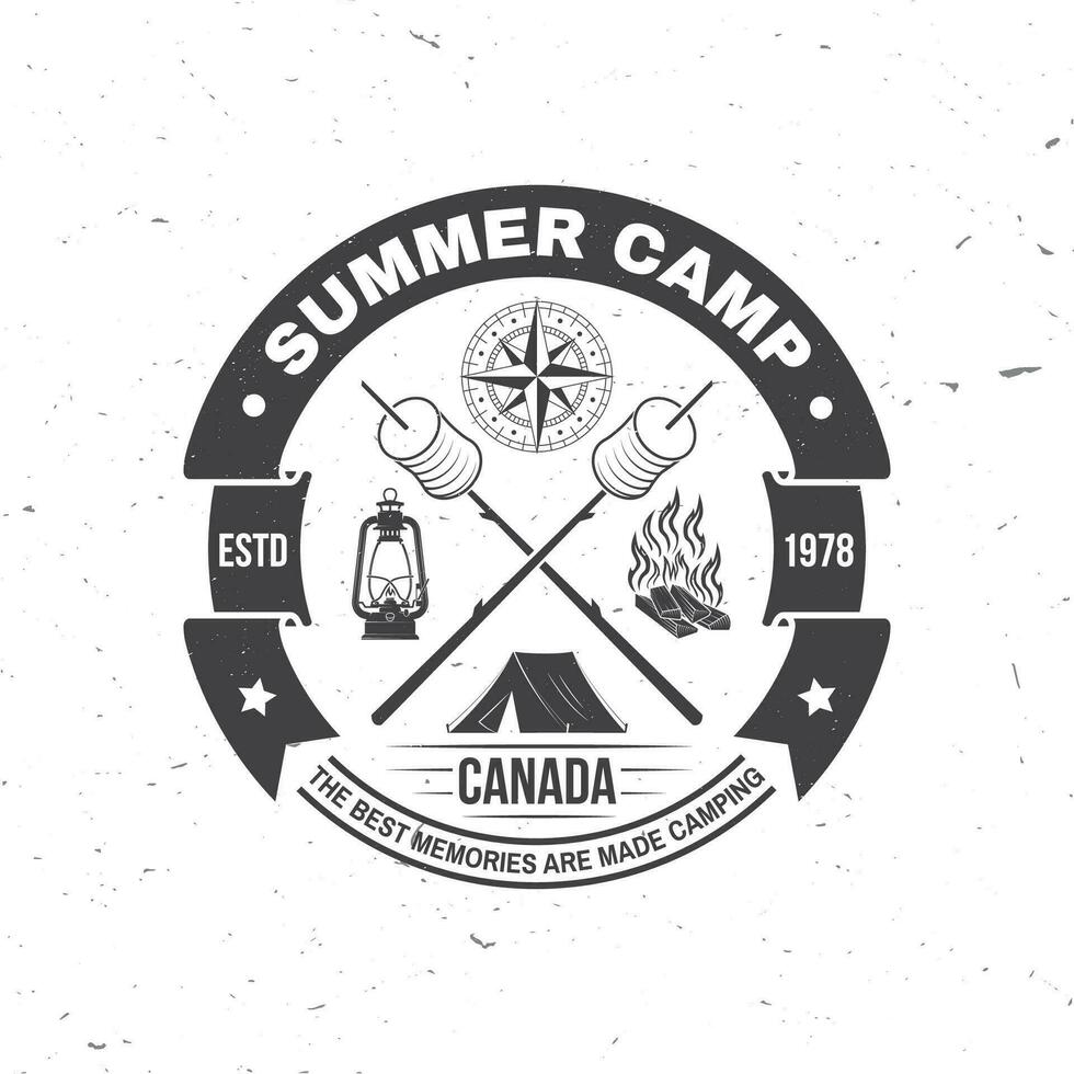 Summer camp. Happiness is toasted marshmallows. Vector. Vintage typography design with camping tent, campfire, marshmallow on a stick silhouette. Concept for shirt or print, stamp or tee vector