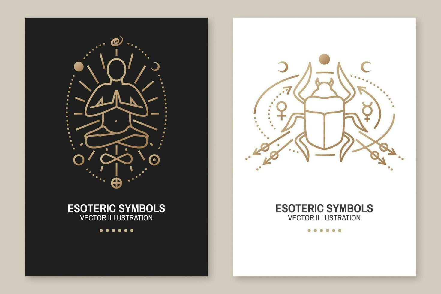 Esoteric symbols poster. Vector. Thin line geometric badge. Outline icon for alchemy, sacred geometry. Mystic, magic design with man sitting in yoga lotus pose, egyptian scarab beetlee vector