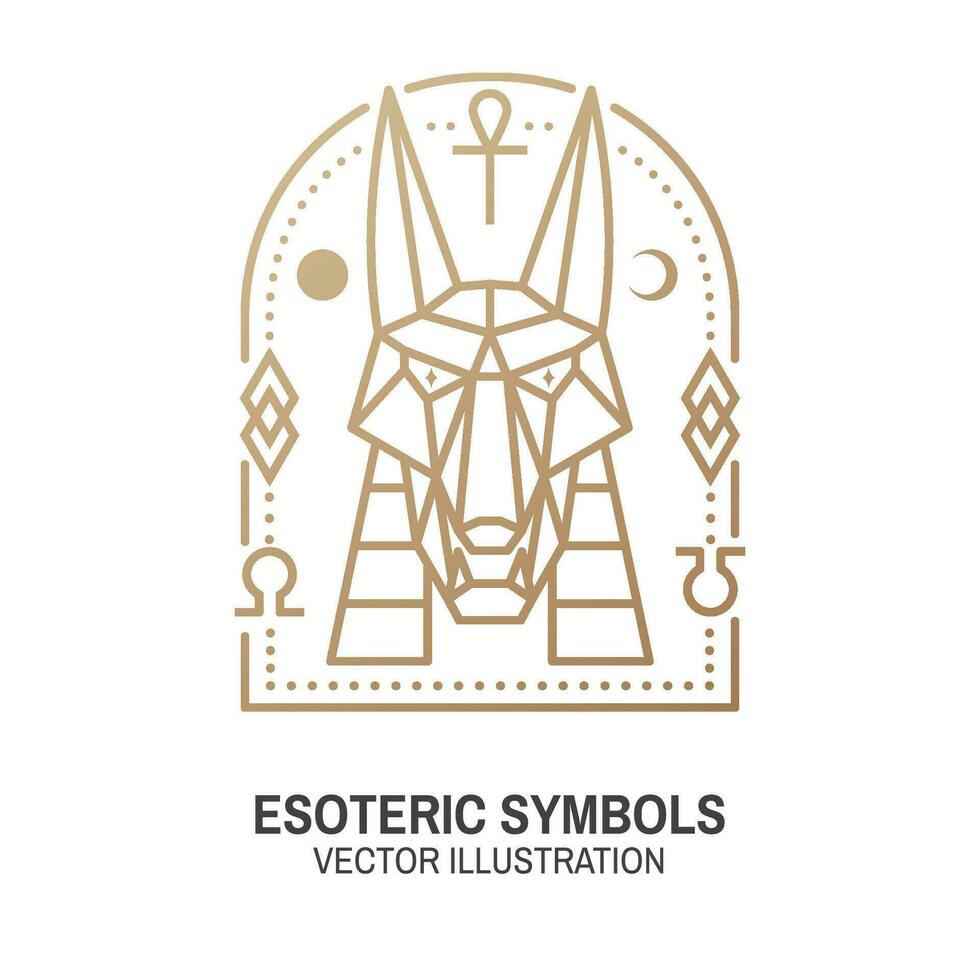 Esoteric symbols. Vector. Thin line geometric badge. Outline icon for alchemy or sacred geometry. Mystic and magic design with egyptian god Anubis, stars,moon, sun, planets and magic sign vector