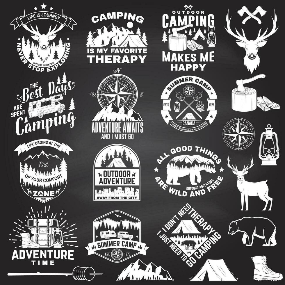 Set of outdoor adventure quotes symbol. Vector. Concept for shirt or logo, print, stamp, tee. Vintage design with hiking boots, camping tent, lantern, axe, mountains, bear, deer, forest silhouette vector