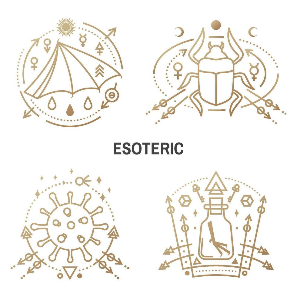 esotérico simbolos vector. Delgado línea geométrico. contorno icono para alquimia, sagrado geometría. místico, magia diseño con escarabajo escarabajo, bacterias, coronavirus, murciélago ala, química matraz con cuervo pie vector