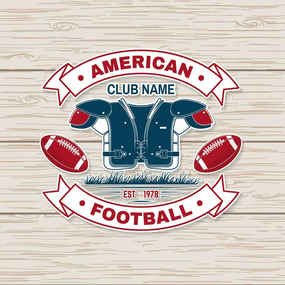 American football or rugby club badge. Vector. Concept for shirt, logo, print, stamp, tee, patch. Vintage typography design with american football ball, grass and shoulder pads silhouette vector