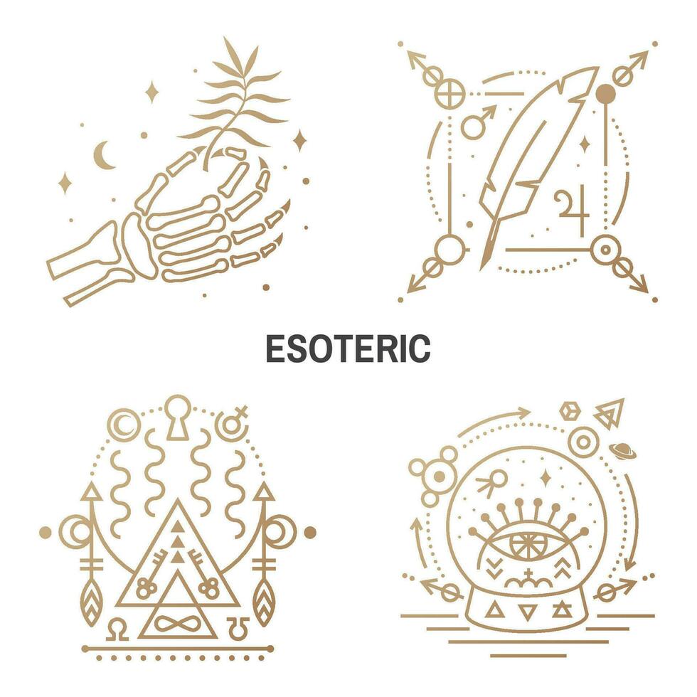 Esoteric symbols. Vector. Thin line geometric badge. Outline icon for alchemy or sacred geometry. Mystic and magic design with feather, stars, planets, moon, glass ball and allseeing eye vector