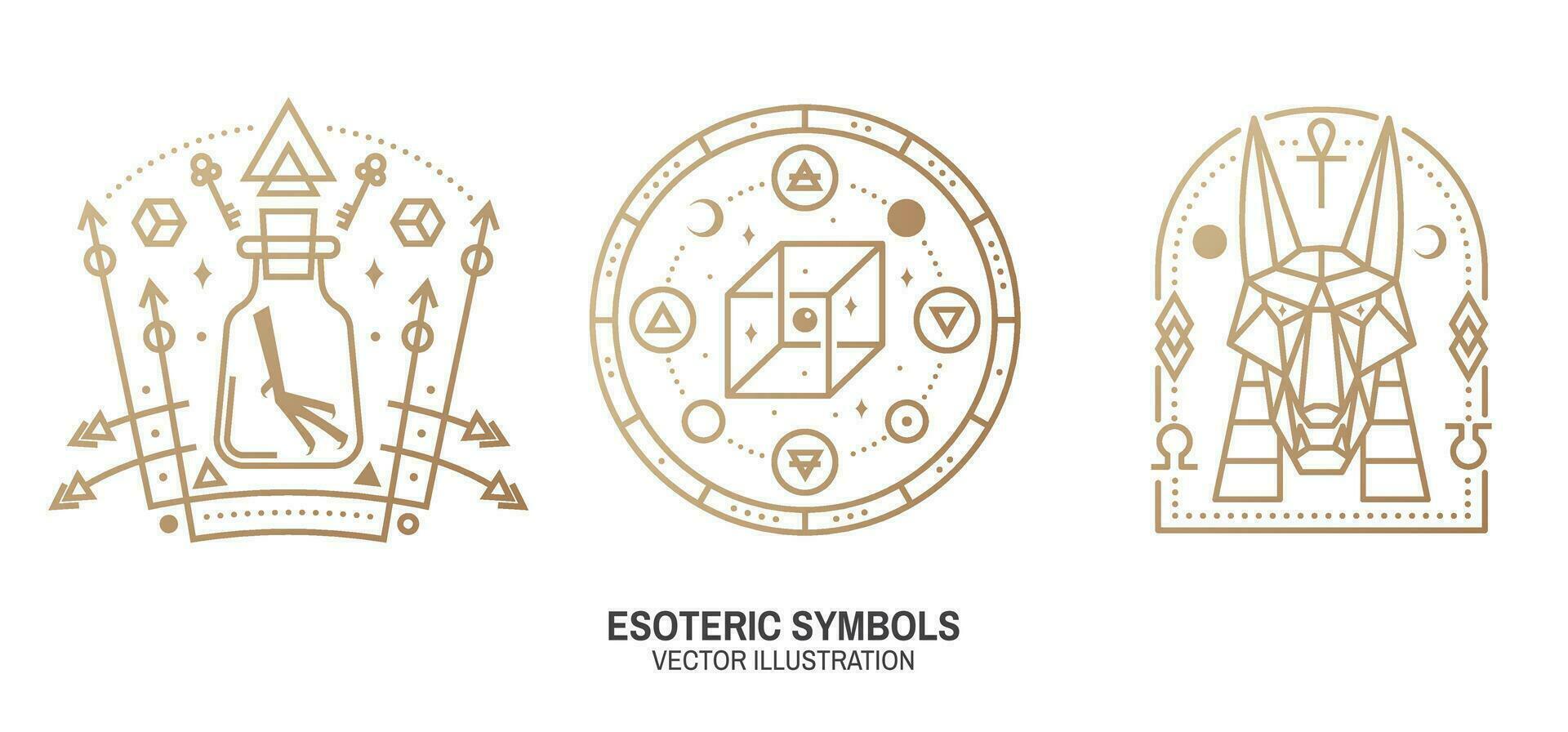 esotérico simbolos Delgado línea geométrico insignia. contorno icono para alquimia, sagrado geometría. místico, magia diseño con química matraz con cuervo pie, egipcio Dios anubis, irreal geométrico cubo vector