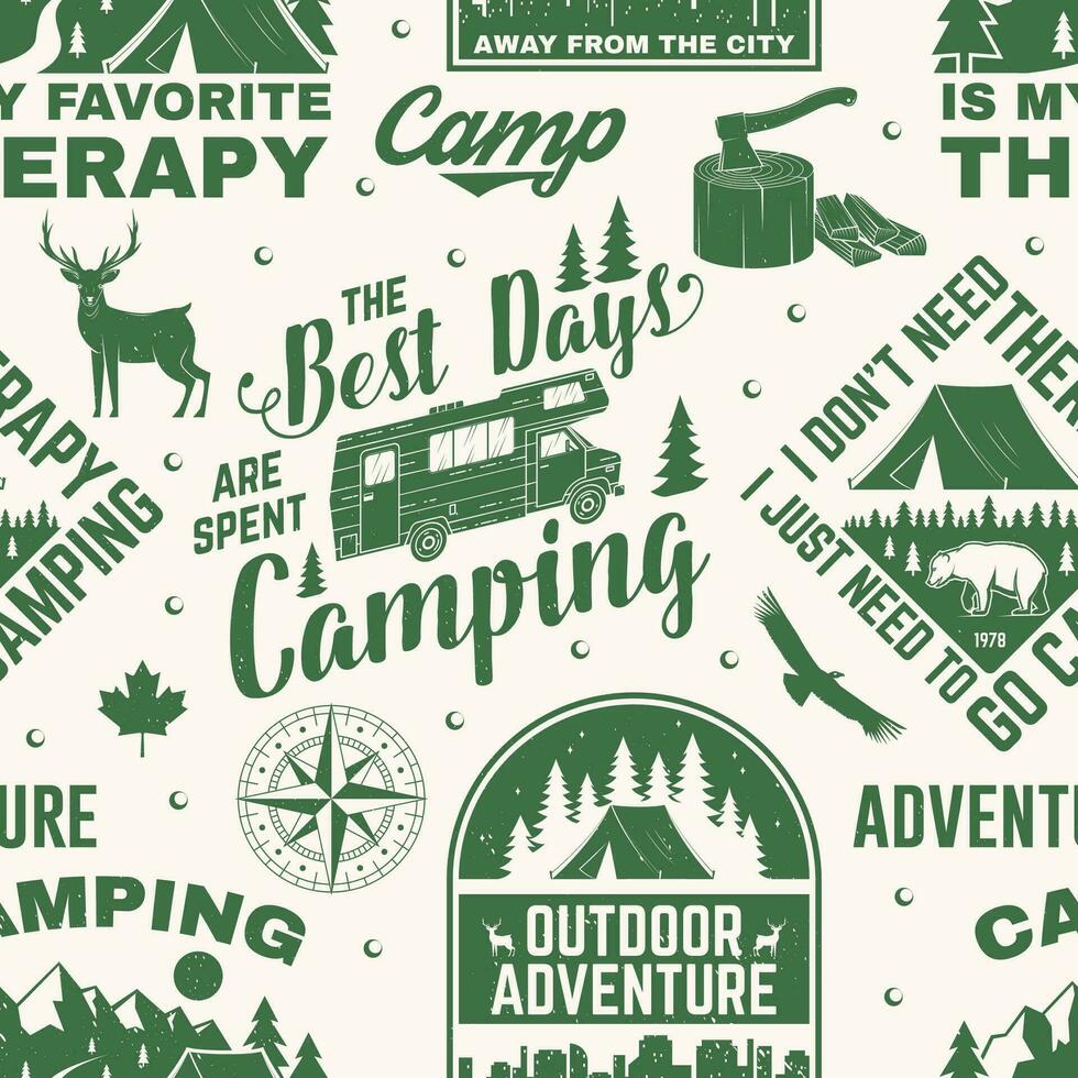 Set of outdoor adventure seamless pattern. Vector. Seamless camping pattern with hiking boots, camping tent, lantern, axe, mountains, bear, deer, forest silhouette. Camping texture vector