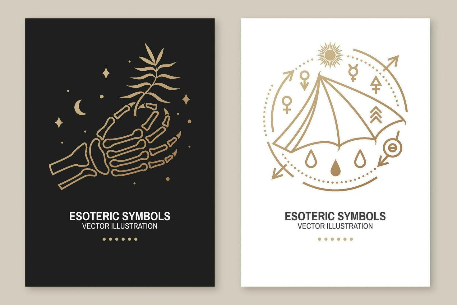 Esoteric symbols poster, flyer. Vector. Thin line geometric badge. Outline icon for alchemy, sacred geometry. Mystic, magic design with bat wing and human skeleton bone hand vector