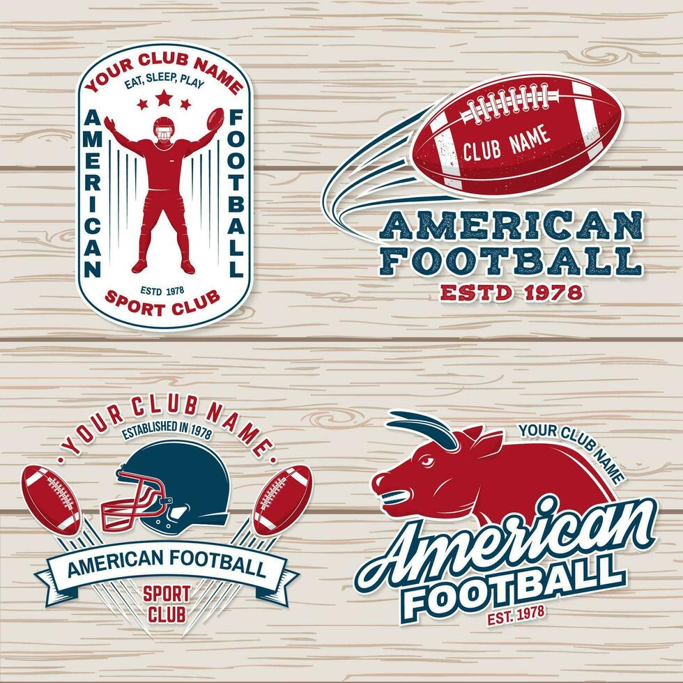 Set of american football or rugby club badge. Vector for shirt, logo, print, stamp, patch. Vintage design with american football sportsman player, helmet, ball, grass and shoulder pads silhouette