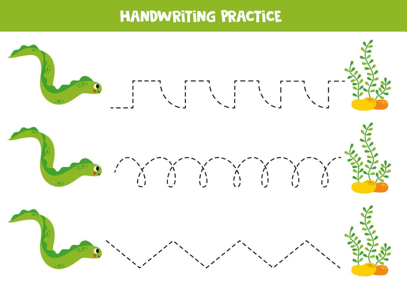 Tracing lines for kids. Cute cartoon green eel and seaweeds. Handwriting practice. vector