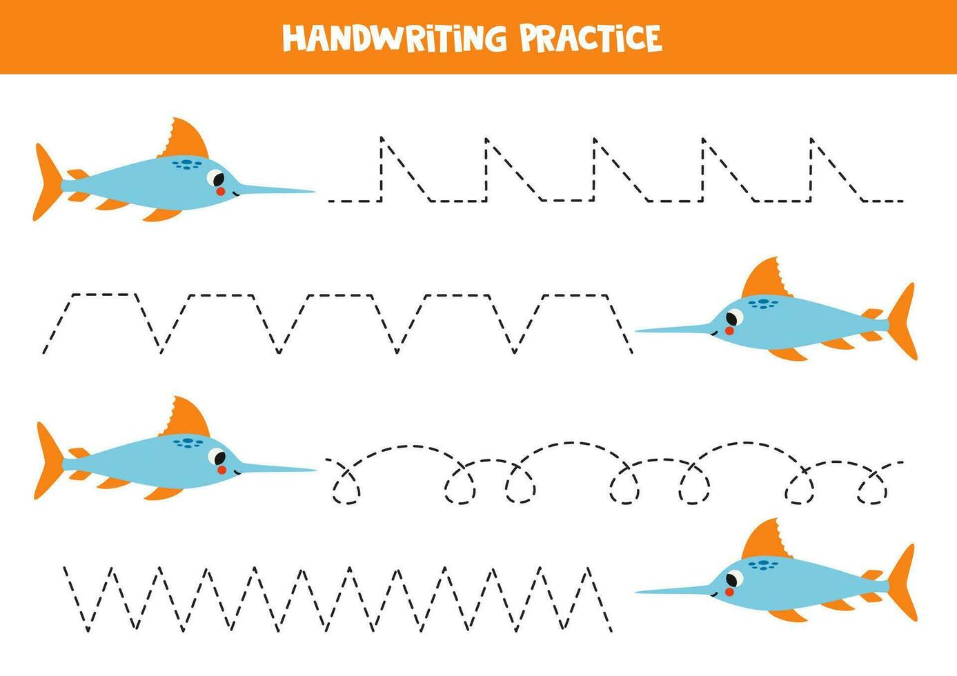 Tracing lines for kids. Cute cartoon swordfish. Handwriting practice. vector