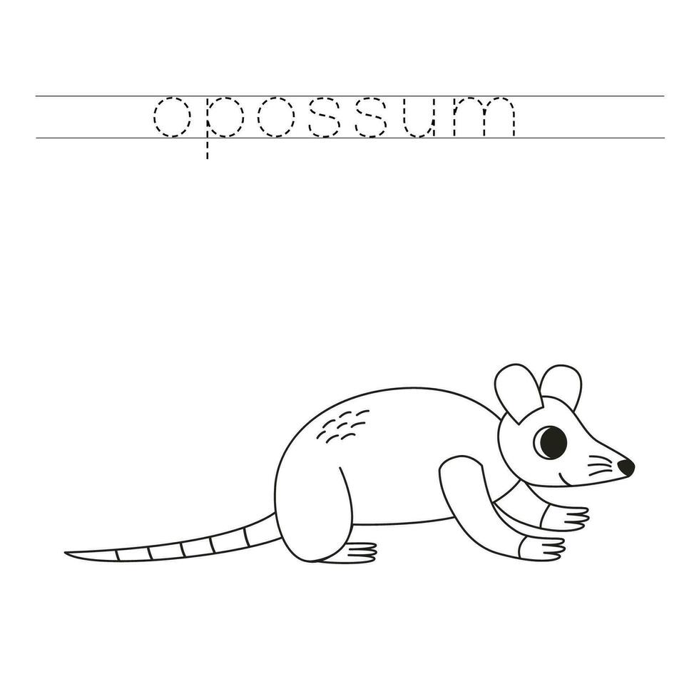 Trace the letters and color cartoon opossum. Handwriting practice for kids. vector