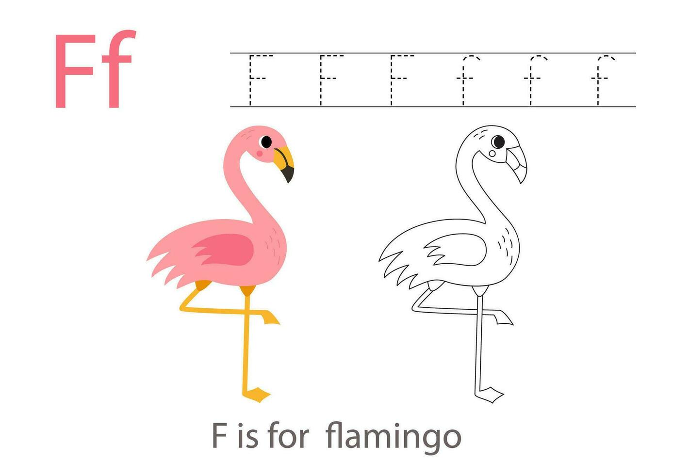 Tracing alphabet letters with cute animals. Color cute flamingo. Trace letter F. vector