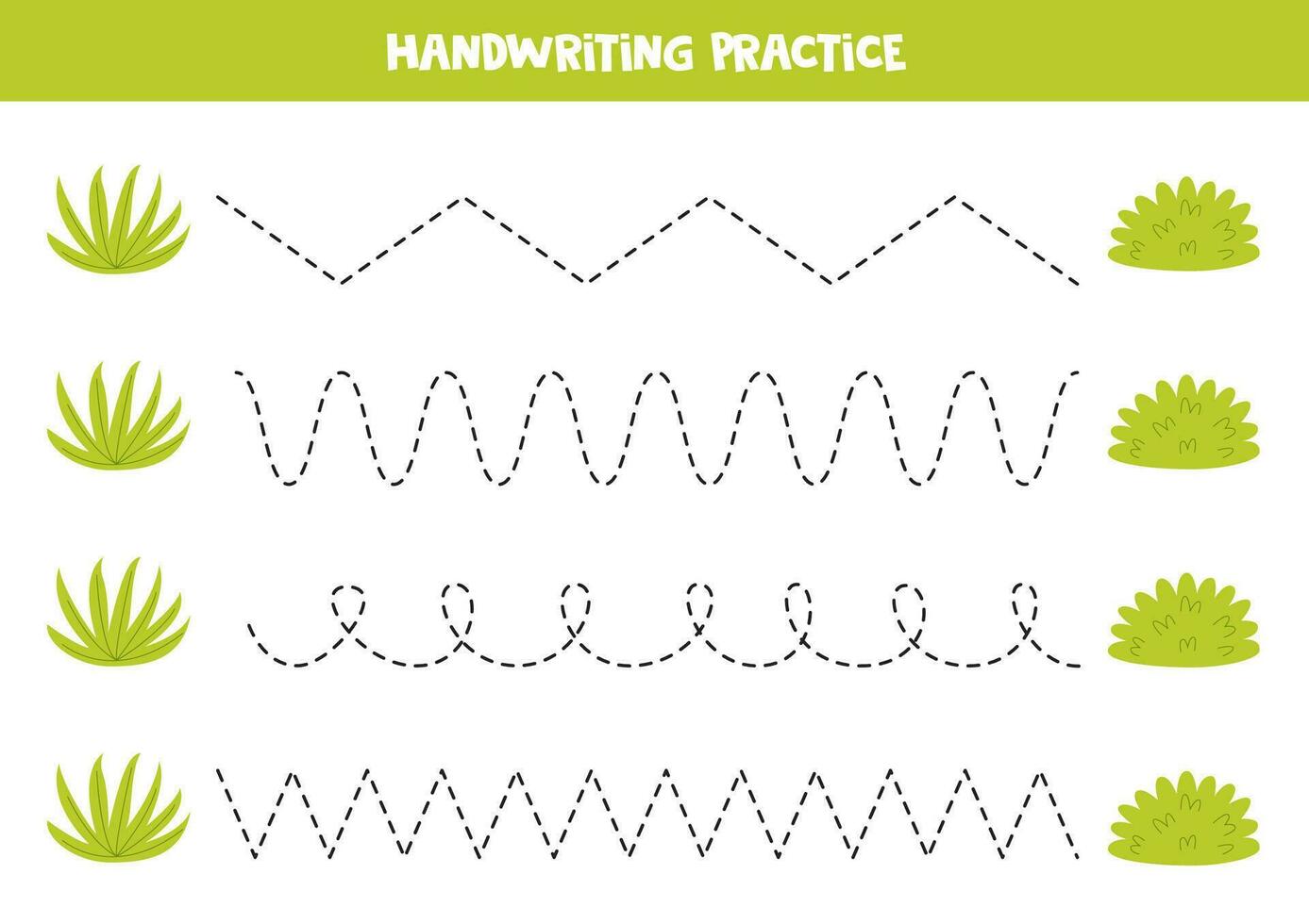 Tracing lines for kids. Cute cartoon green bushes. Handwriting practice. vector
