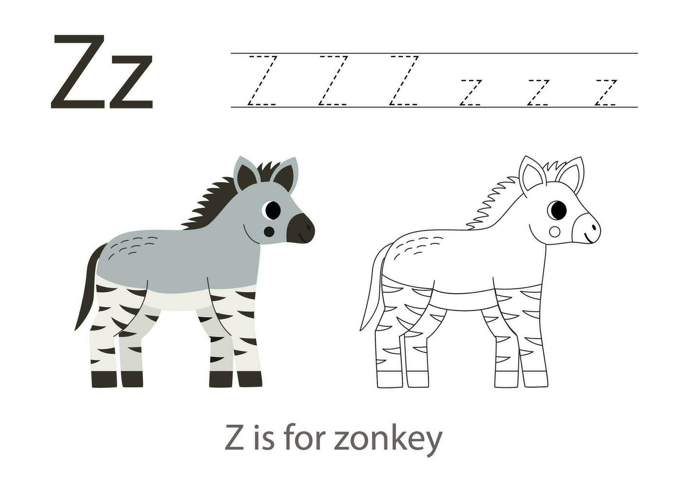 Tracing alphabet letters with cute animals. Color cute zonkey. Trace letter Z. vector