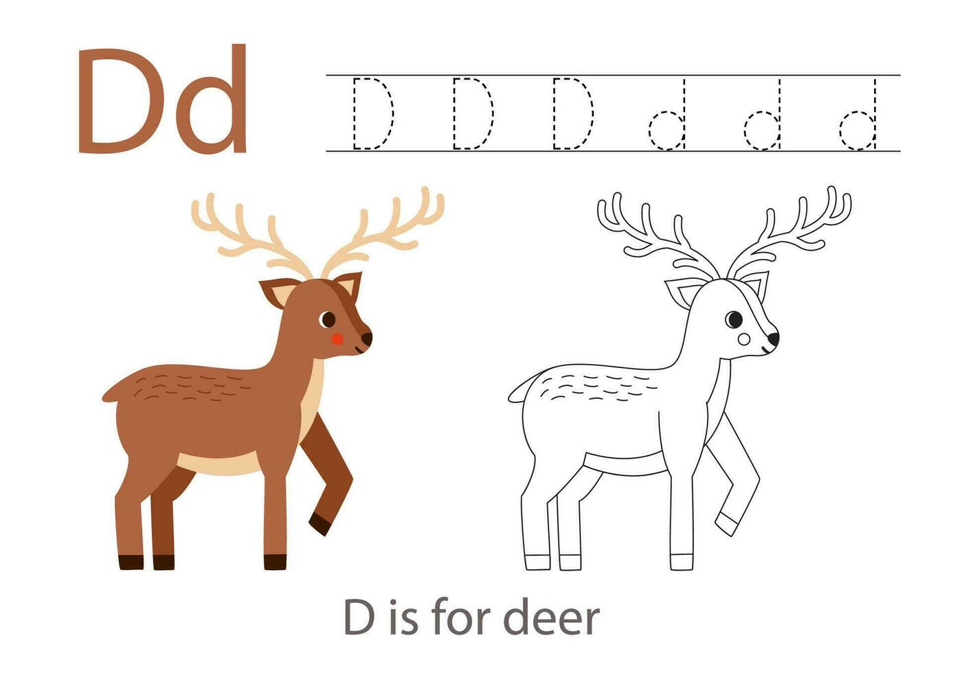 Tracing alphabet letters with cute animals. Color cute deer. Trace letter D. vector