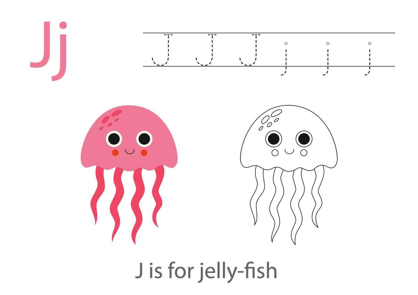 Tracing alphabet letters with cute animals. Color cute jelly fish. Trace letter J. vector