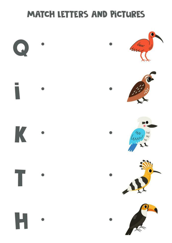 partido alfabeto letras y fotos. lógico rompecabezas para niños. linda aves. vector