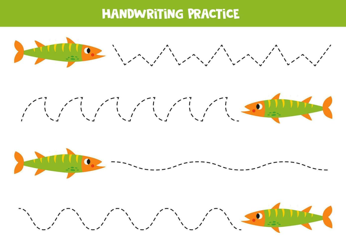 Tracing lines for kids. Cute cartoon green barracuda. Handwriting practice. vector