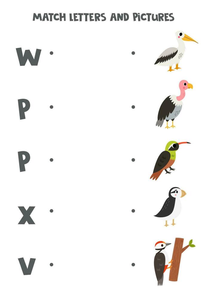 Match alphabet letters and pictures. Logical puzzle for kids. Cute birds. vector