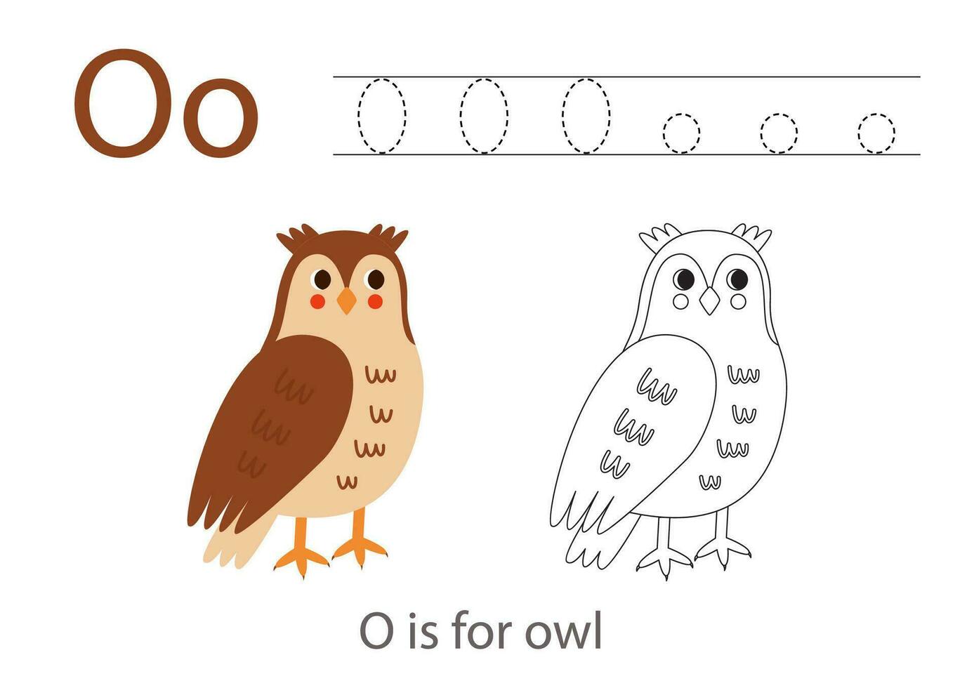 Tracing alphabet letters with cute animals. Color cute owl. Trace letter O. vector