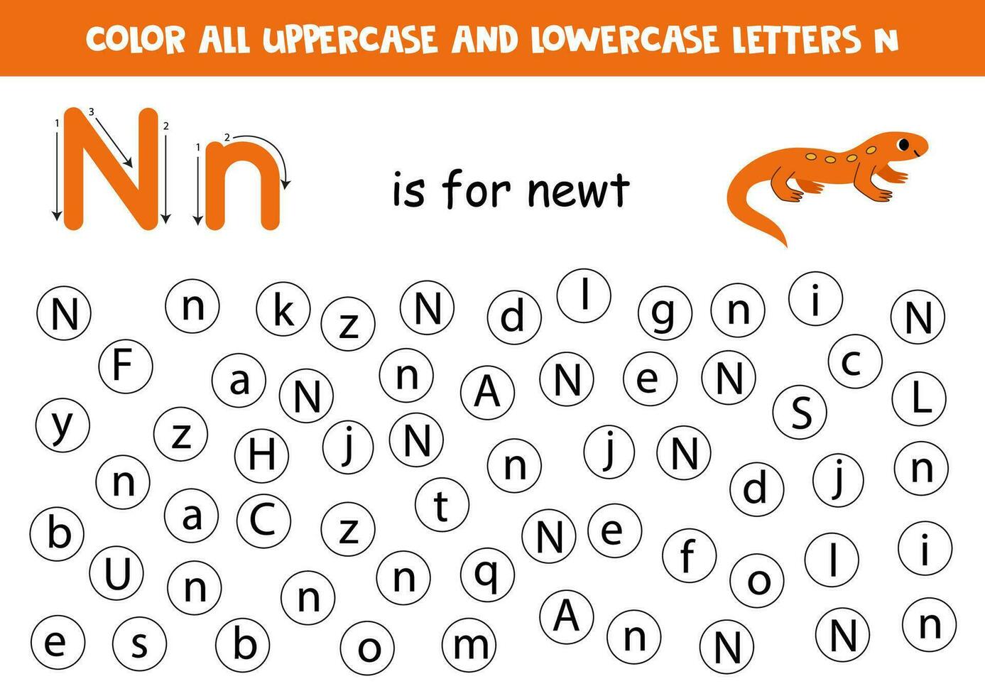Find and dot all letters N. Educational worksheet for learning alphabet. Cute newt. vector
