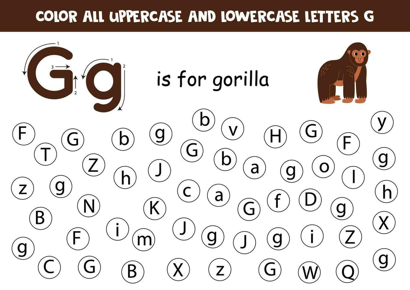 Find and dot all letters G. Educational worksheet for learning alphabet. Cute gorilla. vector