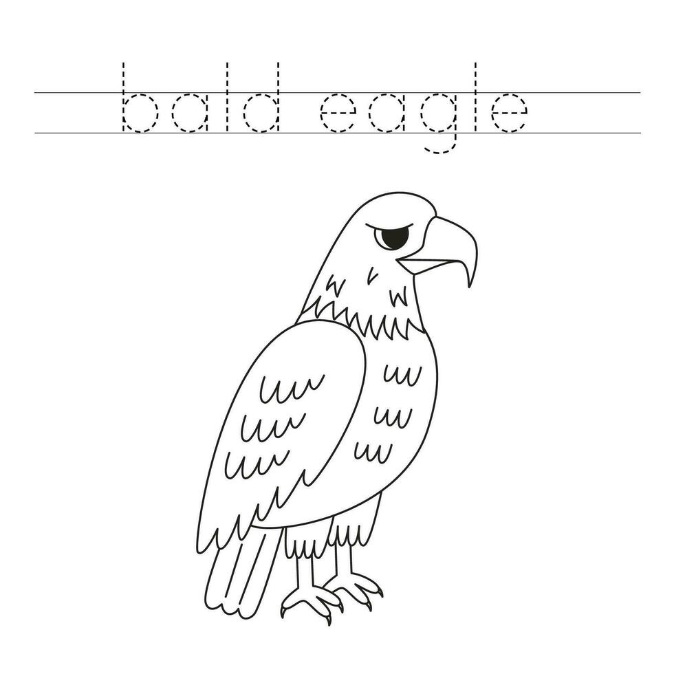 Trace the letters and color cartoon bald eagle. Handwriting practice for kids. vector