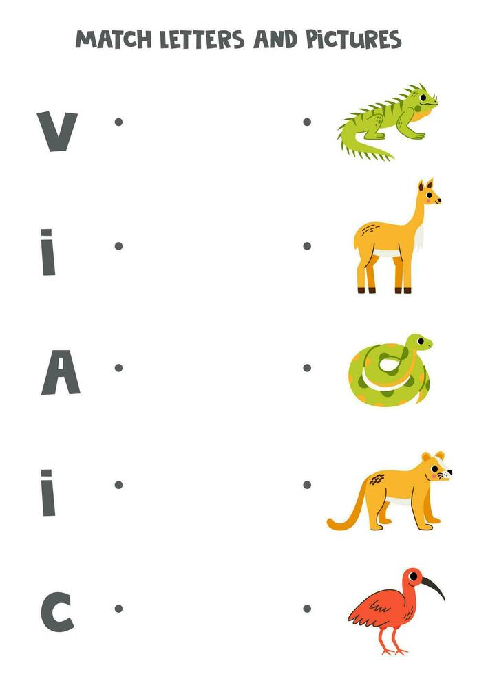 Match alphabet letters and pictures. Logical puzzle for kids. South American animals. vector
