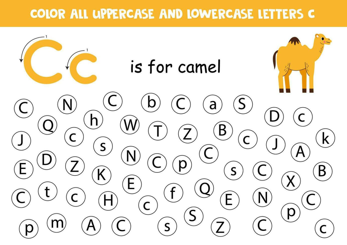 Find and dot all letters C. Educational worksheet for learning alphabet. Cute camel. vector