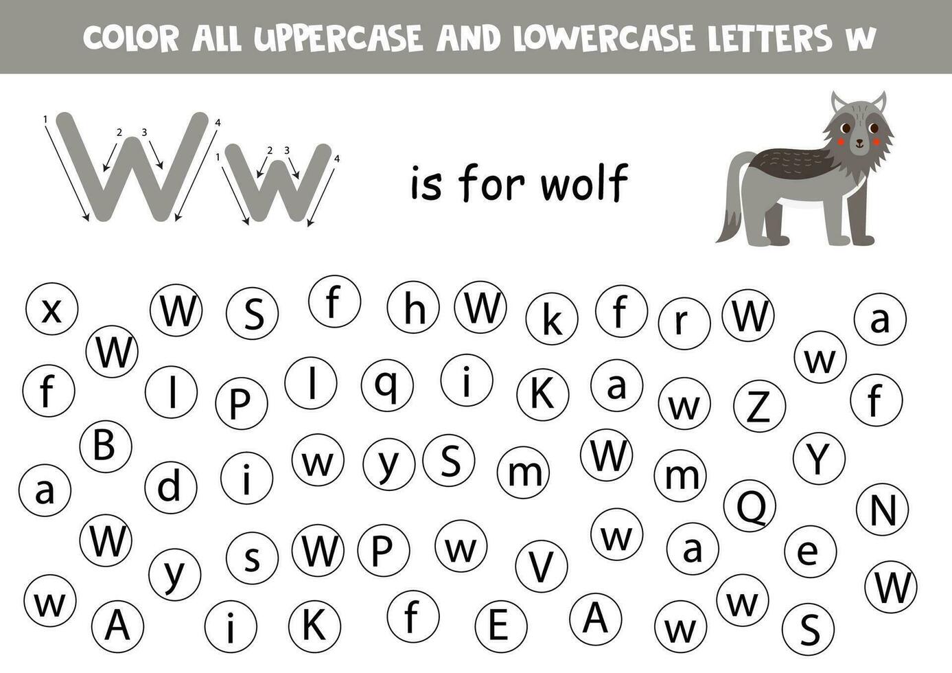 Find and dot all letters W. Educational worksheet for learning alphabet. Cute wolf. vector