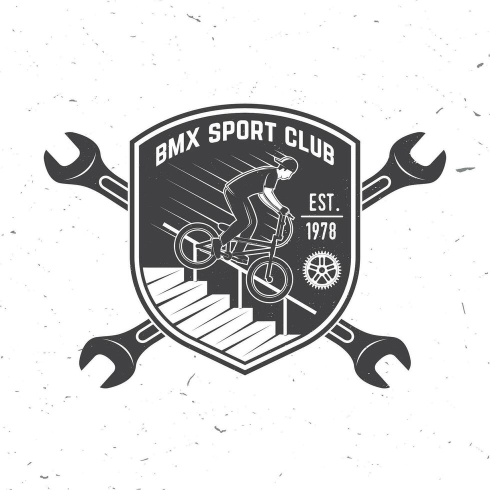 Bmx extreme sport club badge. Vector. Concept for shirt, logo, print, stamp, tee with man ride on a sport bicycle. Vintage typography design with bmx cyclist and wrench silhouette. vector